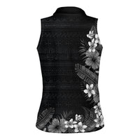 Hawaii Tropical Flowers and Leaves Women Sleeveless Polo Shirt Tapa Pattern Grayscale Mode