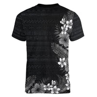 Hawaii Tropical Flowers and Leaves Women V-Neck T-Shirt Tapa Pattern Grayscale Mode