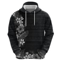 Hawaii Tropical Flowers and Leaves Zip Hoodie Tapa Pattern Grayscale Mode