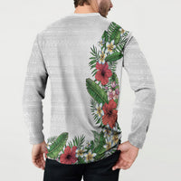 Hawaii Tropical Flowers and Leaves Button Sweatshirt Tapa Pattern White Mode LT03 - Polynesian Pride
