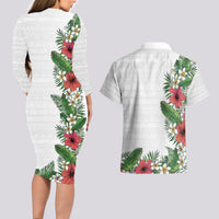 Hawaii Tropical Flowers and Leaves Couples Matching Long Sleeve Bodycon Dress and Hawaiian Shirt Tapa Pattern White Mode LT03 - Polynesian Pride
