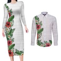 Hawaii Tropical Flowers and Leaves Couples Matching Long Sleeve Bodycon Dress and Long Sleeve Button Shirt Tapa Pattern White Mode LT03 White - Polynesian Pride