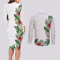 Hawaii Tropical Flowers and Leaves Couples Matching Long Sleeve Bodycon Dress and Long Sleeve Button Shirt Tapa Pattern White Mode LT03 - Polynesian Pride