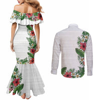 Hawaii Tropical Flowers and Leaves Couples Matching Mermaid Dress and Long Sleeve Button Shirt Tapa Pattern White Mode LT03 - Polynesian Pride