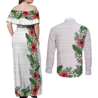 Hawaii Tropical Flowers and Leaves Couples Matching Off Shoulder Maxi Dress and Long Sleeve Button Shirt Tapa Pattern White Mode LT03 - Polynesian Pride