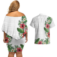 Hawaii Tropical Flowers and Leaves Couples Matching Off Shoulder Short Dress and Hawaiian Shirt Tapa Pattern White Mode LT03 - Polynesian Pride