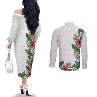Hawaii Tropical Flowers and Leaves Couples Matching Off The Shoulder Long Sleeve Dress and Long Sleeve Button Shirt Tapa Pattern White Mode LT03 - Polynesian Pride