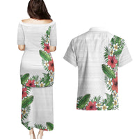 Hawaii Tropical Flowers and Leaves Couples Matching Puletasi and Hawaiian Shirt Tapa Pattern White Mode LT03 - Polynesian Pride