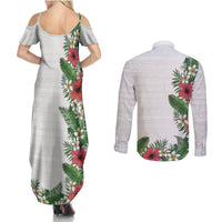 Hawaii Tropical Flowers and Leaves Couples Matching Summer Maxi Dress and Long Sleeve Button Shirt Tapa Pattern White Mode LT03 - Polynesian Pride