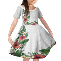 Hawaii Tropical Flowers and Leaves Family Matching Off Shoulder Short Dress and Hawaiian Shirt Tapa Pattern White Mode LT03 Daughter's Dress White - Polynesian Pride