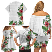 Hawaii Tropical Flowers and Leaves Family Matching Off Shoulder Short Dress and Hawaiian Shirt Tapa Pattern White Mode LT03 - Polynesian Pride