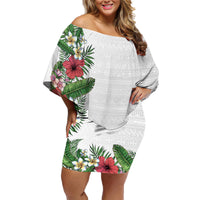 Hawaii Tropical Flowers and Leaves Family Matching Off Shoulder Short Dress and Hawaiian Shirt Tapa Pattern White Mode LT03 Mom's Dress White - Polynesian Pride