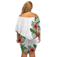Hawaii Tropical Flowers and Leaves Family Matching Off Shoulder Short Dress and Hawaiian Shirt Tapa Pattern White Mode LT03 - Polynesian Pride