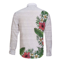 Hawaii Tropical Flowers and Leaves Long Sleeve Button Shirt Tapa Pattern White Mode