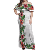 Hawaii Tropical Flowers and Leaves Off Shoulder Maxi Dress Tapa Pattern White Mode LT03 Women White - Polynesian Pride