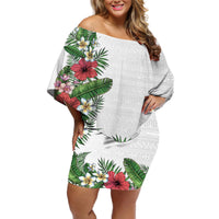 Hawaii Tropical Flowers and Leaves Off Shoulder Short Dress Tapa Pattern White Mode LT03 Women White - Polynesian Pride