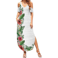 Hawaii Tropical Flowers and Leaves Summer Maxi Dress Tapa Pattern White Mode LT03 Women White - Polynesian Pride