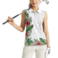 Hawaii Tropical Flowers and Leaves Women Sleeveless Polo Shirt Tapa Pattern White Mode