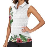 Hawaii Tropical Flowers and Leaves Women Sleeveless Polo Shirt Tapa Pattern White Mode