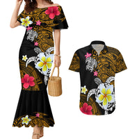 Hawaii Turtle and Tropical Flower Couples Matching Mermaid Dress and Hawaiian Shirt Polynesian Pattern LT03 Black - Polynesian Pride