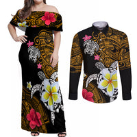Hawaii Turtle and Tropical Flower Couples Matching Off Shoulder Maxi Dress and Long Sleeve Button Shirt Polynesian Pattern LT03 Black - Polynesian Pride
