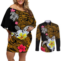 Hawaii Turtle and Tropical Flower Couples Matching Off Shoulder Short Dress and Long Sleeve Button Shirt Polynesian Pattern LT03 Black - Polynesian Pride