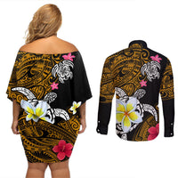 Hawaii Turtle and Tropical Flower Couples Matching Off Shoulder Short Dress and Long Sleeve Button Shirt Polynesian Pattern LT03 - Polynesian Pride