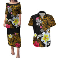 Hawaii Turtle and Tropical Flower Couples Matching Puletasi and Hawaiian Shirt Polynesian Pattern LT03 Black - Polynesian Pride