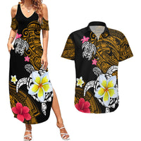Hawaii Turtle and Tropical Flower Couples Matching Summer Maxi Dress and Hawaiian Shirt Polynesian Pattern LT03 Black - Polynesian Pride