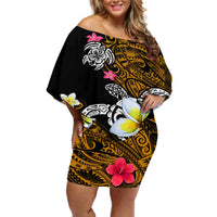 Hawaii Turtle and Tropical Flower Off Shoulder Short Dress Polynesian Pattern LT03 Women Black - Polynesian Pride