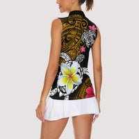 Hawaii Turtle and Tropical Flower Women Sleeveless Polo Shirt Polynesian Pattern