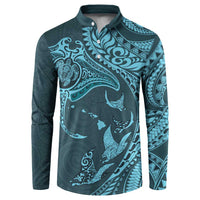Hawaiian Manta Ray and Polynesian Tribal Tattoo Button Sweatshirt Turquoise Color LT03 Turquoise - Polynesian Pride