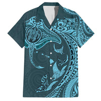 Hawaiian Manta Ray and Polynesian Tribal Tattoo Family Matching Long Sleeve Bodycon Dress and Hawaiian Shirt Turquoise Color LT03