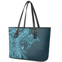 Hawaiian Manta Ray and Polynesian Tribal Tattoo Leather Tote Bag Turquoise Color LT03 - Polynesian Pride