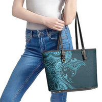 Hawaiian Manta Ray and Polynesian Tribal Tattoo Leather Tote Bag Turquoise Color LT03 - Polynesian Pride