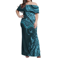 Hawaiian Manta Ray and Polynesian Tribal Tattoo Off Shoulder Maxi Dress Turquoise Color LT03 Women Turquoise - Polynesian Pride