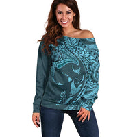 Hawaiian Manta Ray and Polynesian Tribal Tattoo Off Shoulder Sweater Turquoise Color LT03 Women Turquoise - Polynesian Pride
