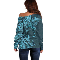 Hawaiian Manta Ray and Polynesian Tribal Tattoo Off Shoulder Sweater Turquoise Color LT03 - Polynesian Pride