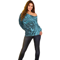Hawaiian Manta Ray and Polynesian Tribal Tattoo Off Shoulder Sweater Turquoise Color LT03 - Polynesian Pride