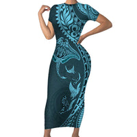 Hawaiian Manta Ray and Polynesian Tribal Tattoo Short Sleeve Bodycon Dress Turquoise Color LT03