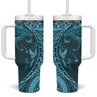 Hawaiian Manta Ray and Polynesian Tribal Tattoo Tumbler With Handle Turquoise Color