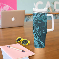 Hawaiian Manta Ray and Polynesian Tribal Tattoo Tumbler With Handle Turquoise Color