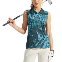 Hawaiian Manta Ray and Polynesian Tribal Tattoo Women Sleeveless Polo Shirt Turquoise Color LT03