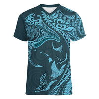 Hawaiian Manta Ray and Polynesian Tribal Tattoo Women V-Neck T-Shirt Turquoise Color LT03