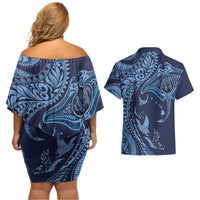 Hawaiian Manta Ray and Polynesian Tribal Tattoo Couples Matching Off Shoulder Short Dress and Hawaiian Shirt Dark Navy Color LT03 - Polynesian Pride