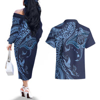 Hawaiian Manta Ray and Polynesian Tribal Tattoo Couples Matching Off The Shoulder Long Sleeve Dress and Hawaiian Shirt Dark Navy Color LT03 - Polynesian Pride