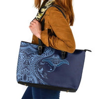 Hawaiian Manta Ray and Polynesian Tribal Tattoo Leather Tote Bag Dark Navy Color LT03 Dark Navy - Polynesian Pride