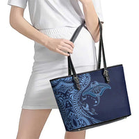 Hawaiian Manta Ray and Polynesian Tribal Tattoo Leather Tote Bag Dark Navy Color LT03 - Polynesian Pride