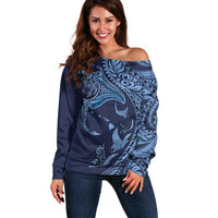 Hawaiian Manta Ray and Polynesian Tribal Tattoo Off Shoulder Sweater Dark Navy Color LT03 Women Dark Navy - Polynesian Pride