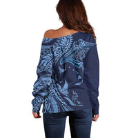 Hawaiian Manta Ray and Polynesian Tribal Tattoo Off Shoulder Sweater Dark Navy Color LT03 - Polynesian Pride
